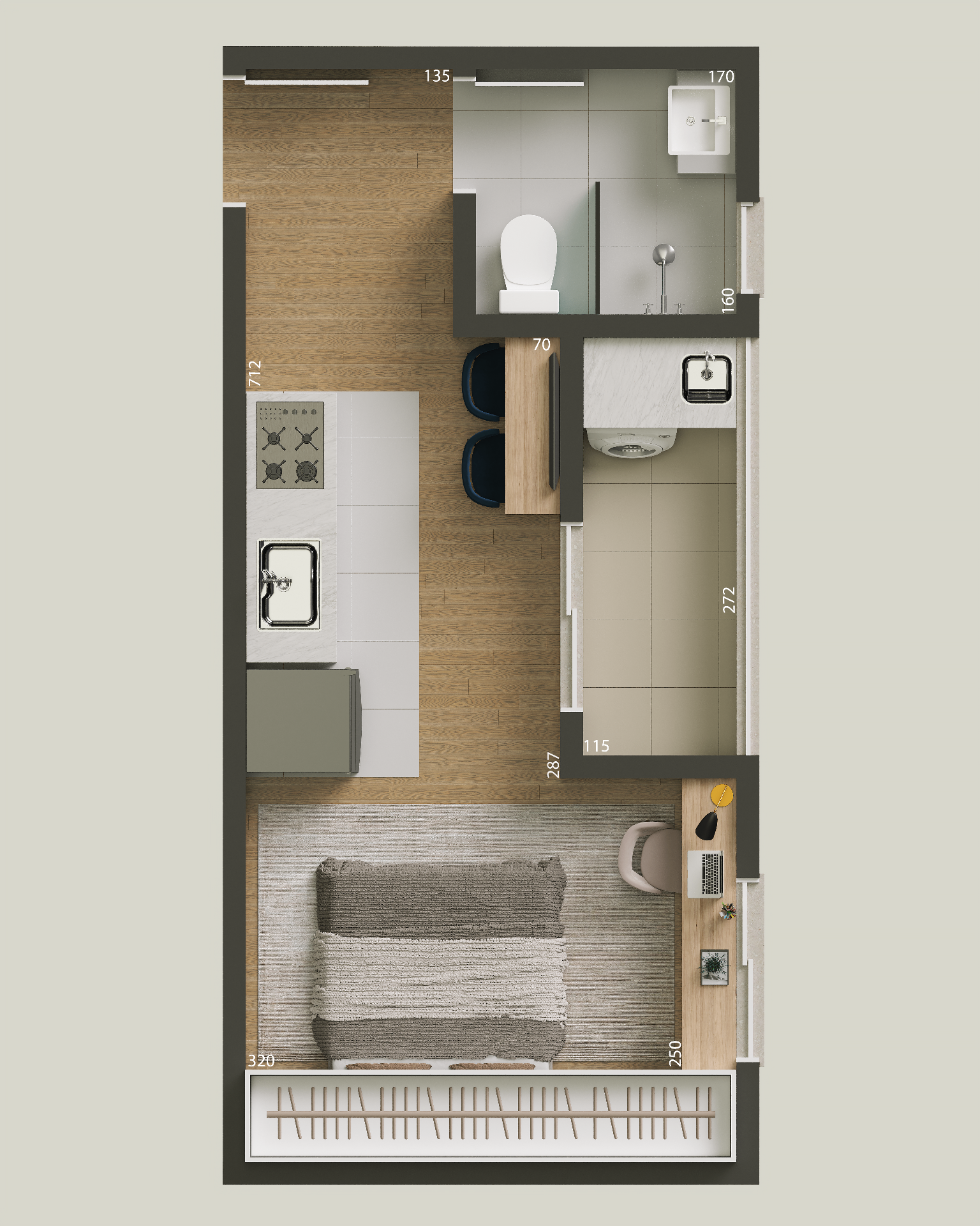 Planta real do studio de 24m² do empreendimento Otilia